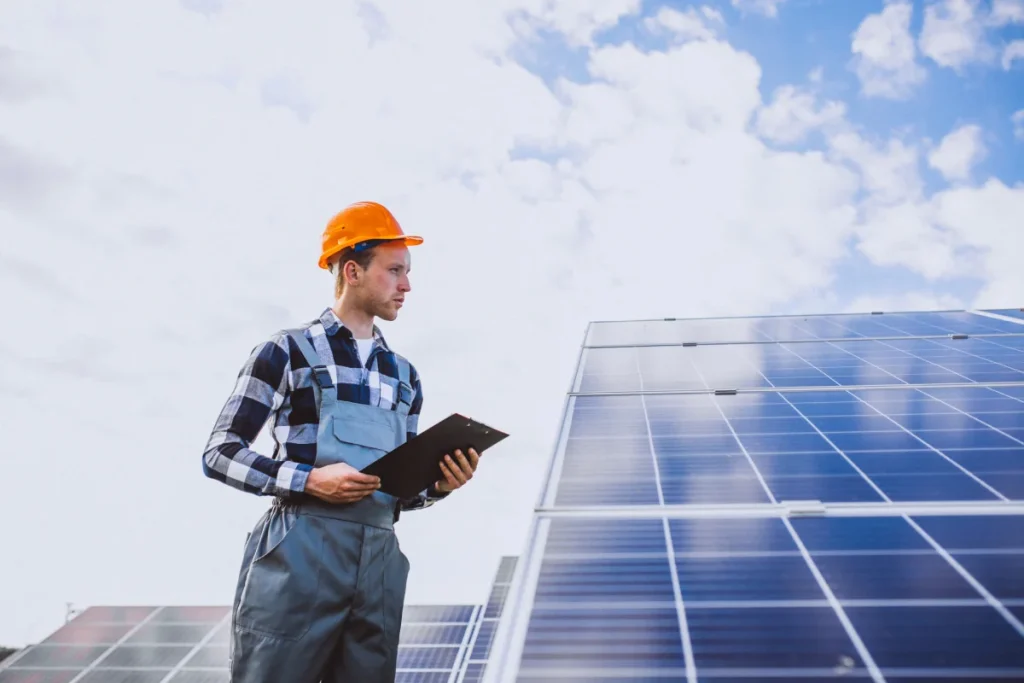 Technician inspecting solar panels with clipboard under cloudy sky