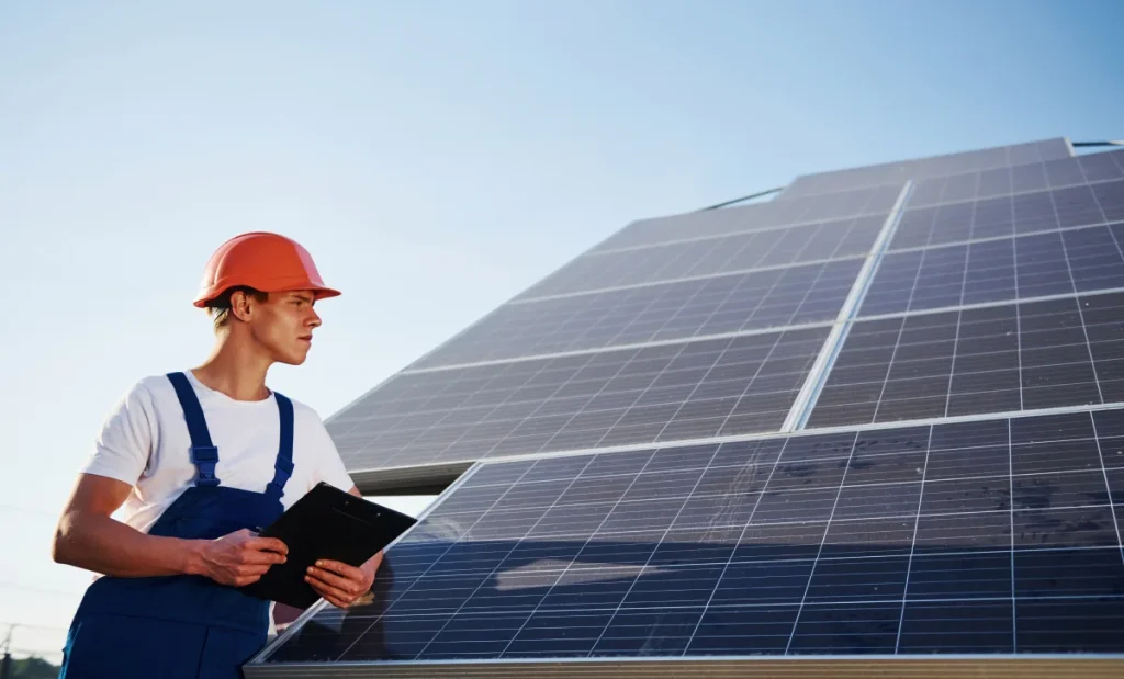 Solar technician inspecting rooftop photovoltaic panels with clipboard